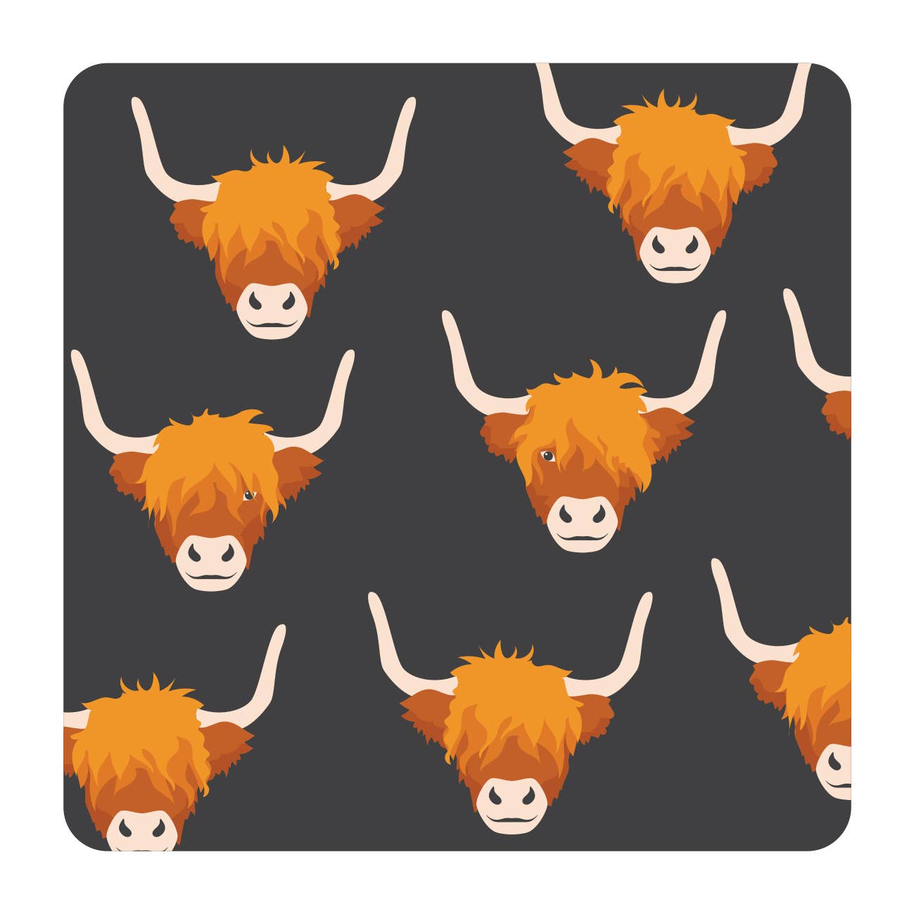 a coaster with highland cow design on a dark background 