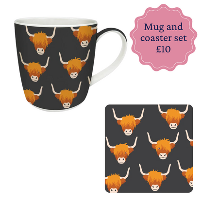 Mug and coaster set with highland cow pattern on a black background