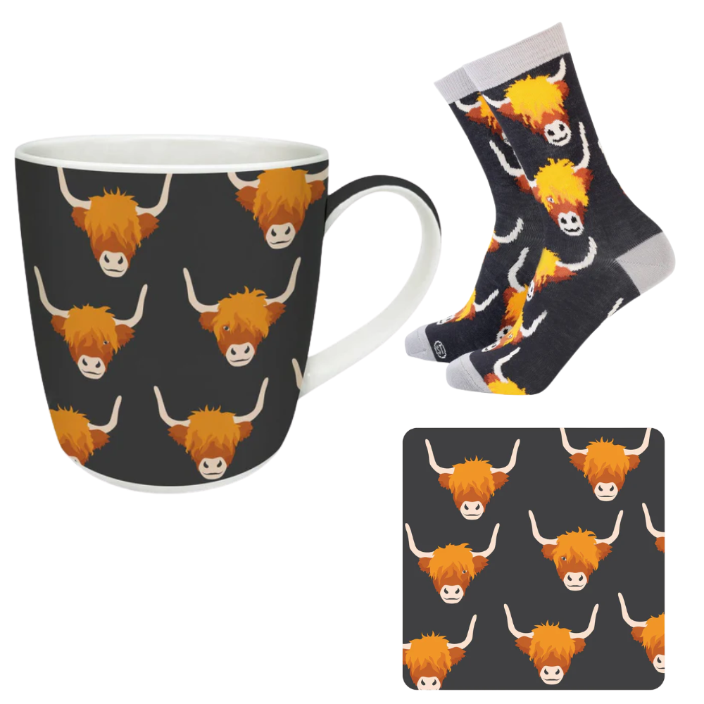 Highland cow design mug, coaster and socks. 