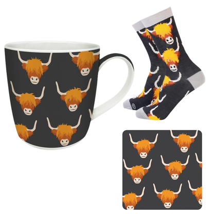 Highland cow design mug, coaster and socks. 