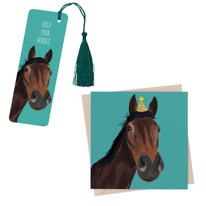 Bookmarks with horse illustrations and text on a white background