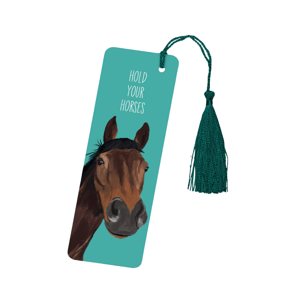 Bookmark with horse illustration and text 'Hold Your Horses' on a teal background