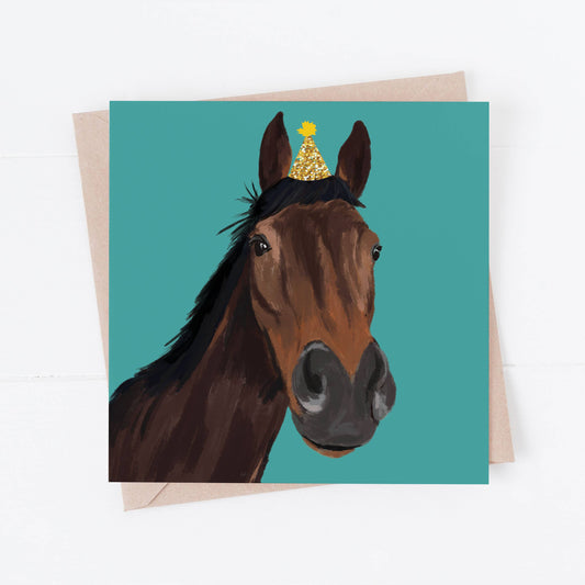 Greeting card with a horse illustration on a teal background