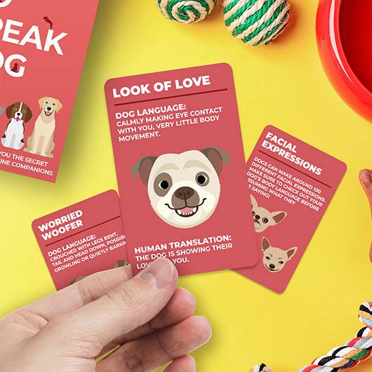 A hand holding a card from the 'How To Speak Dog Card Set', with illustrations and text explaining dog language. Other cards and dog toys are visible in the background.