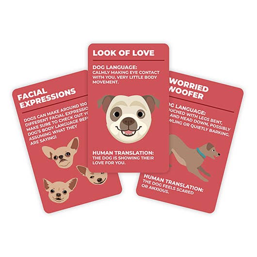 Three cards showing part of the 'how to speak dog' game telling you about facial expressions of a dog and its bark. 