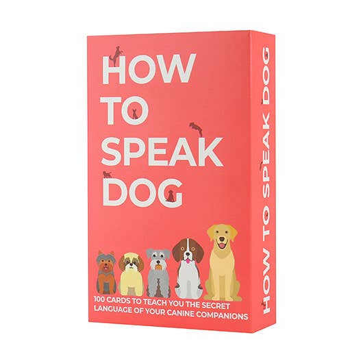 How to speak dog game with a red box design, white writing and pictures of dogs on. 