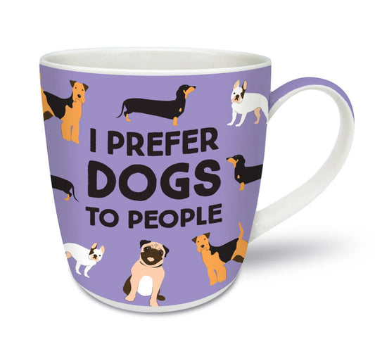 Mug with dog illustrations and text 'I prefer dogs to people' on a purple background