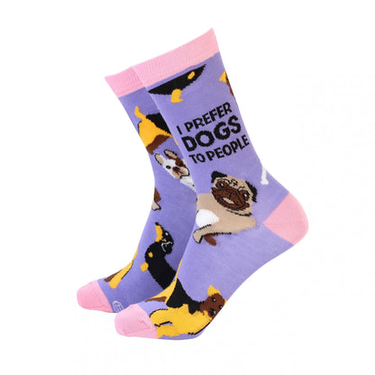A pair of purple bamboo socks with text 'I PREFER DOGS TO PEOPLE' and illustrations of dogs on them.