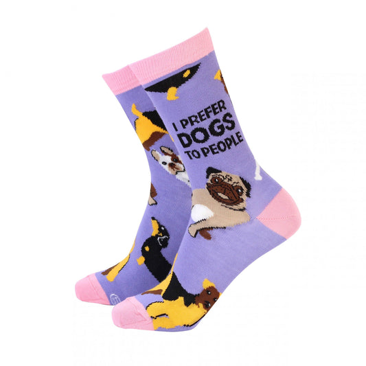 A pair of purple bamboo socks with text 'I PREFER DOGS TO PEOPLE' and illustrations of dogs on them.