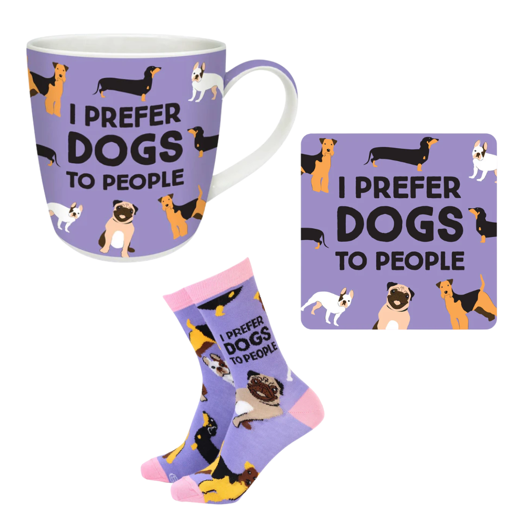 Mug, coaster, and socks set with dog-themed design and text 'I Prefer Dogs to People' on a white background.
