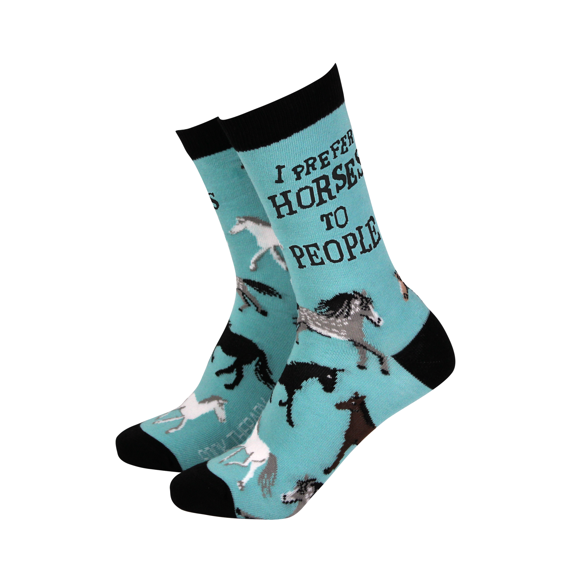 Teal socks with horse designs and text on a white background