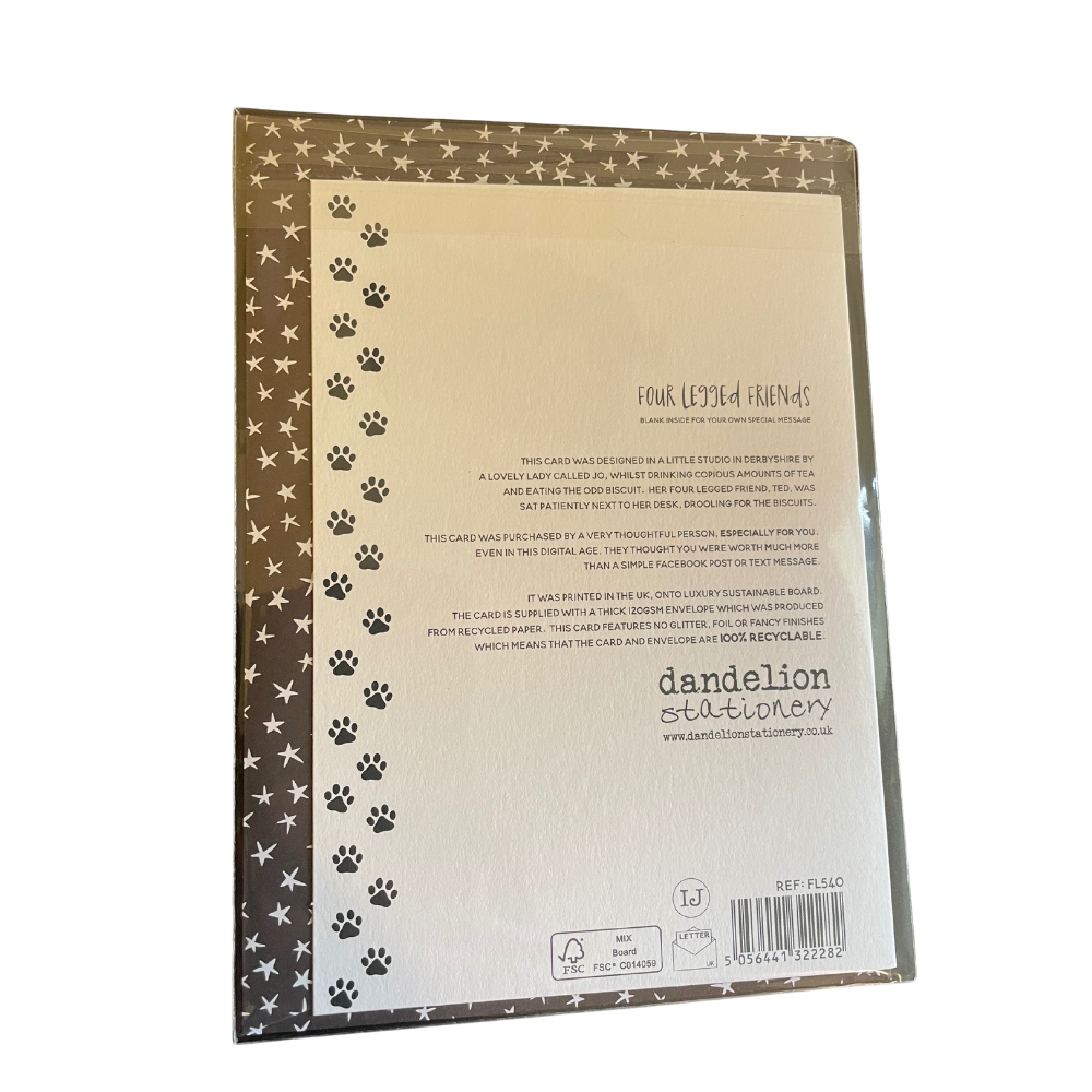 Back of a card with paw print design and text, featuring 'dandelion stationery' branding.
