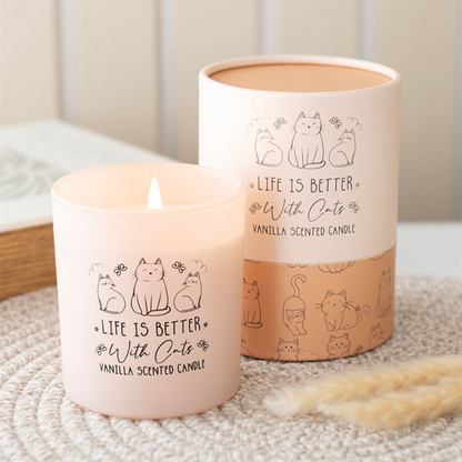 Vanilla scented candle with 'Life is better with cats' text and cat illustrations, next to its packaging.