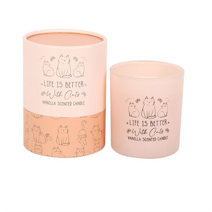 Vanilla scented candle with 'Life is better with cats' text and cat illustrations on a white background