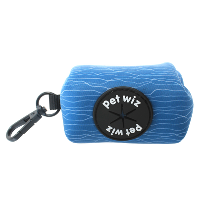 Blue poo bag holder with 'pet wiz' branding on a white background