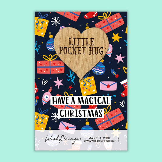 Christmas-themed card with 'Little Pocket Hug' and festive illustrations on a blue background.