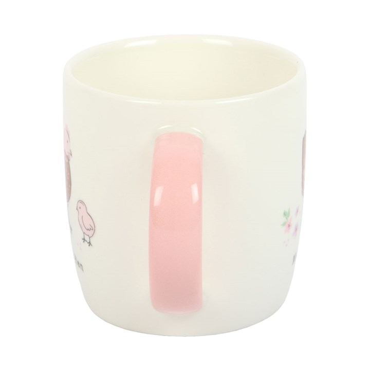 White mug with a pink accent on a white background