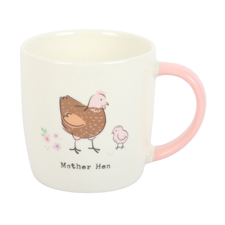 Mug with 'Mother Hen' design featuring a mother hen and chick on a white background