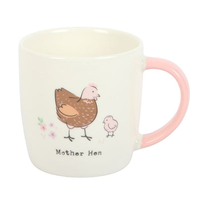 Mug with 'Mother Hen' design featuring a mother hen and chick on a white background