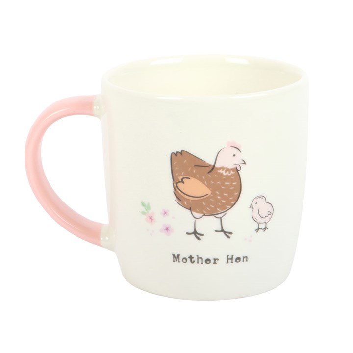 Mug with 'Mother Hen' design featuring a mother hen and chick on a white background