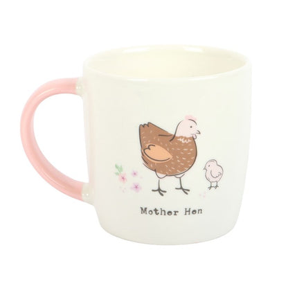 Mug with 'Mother Hen' design featuring a mother hen and chick on a white background