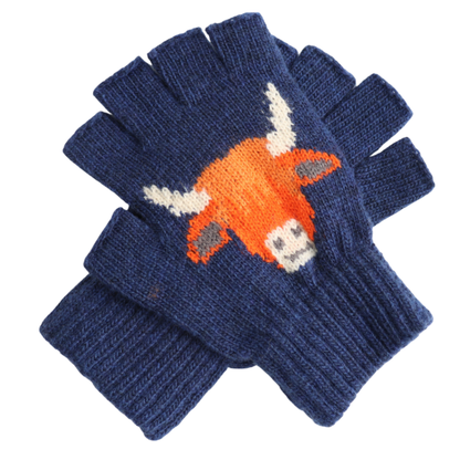 fingerless gloves in navy with highland cow design crossed over each other 