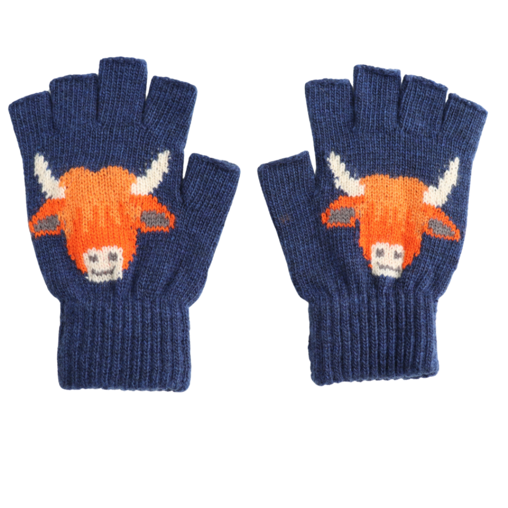 fingerless gloves in navy with highland cow design 