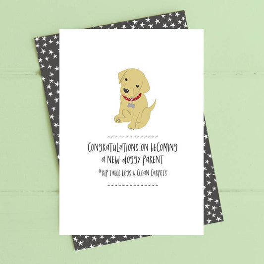 Greeting card with a dog illustration and text on a green background