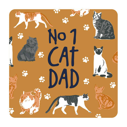 coaster with the writing 'no1 cat dad' on a mustard colour background and cat design