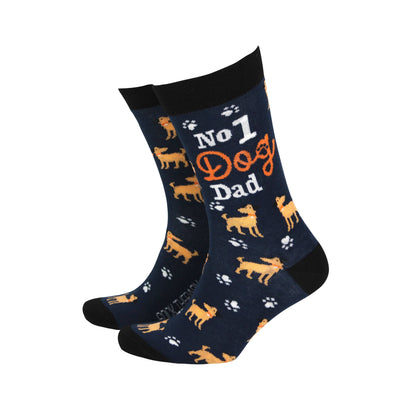 A pair of navy bamboo socks with a 'No 1 Dog Dad' print and orange paw designs.