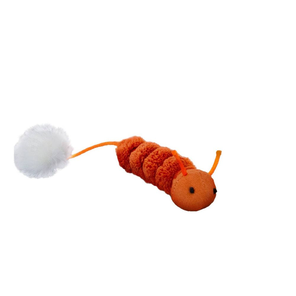 Cat toy shaped like a caterpillar with a white pom pom on a white background