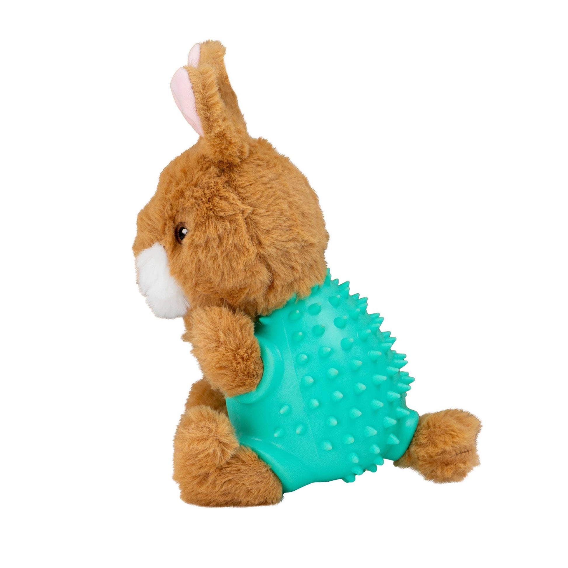 Plush toy rabbit with a green spiky ball on a white background