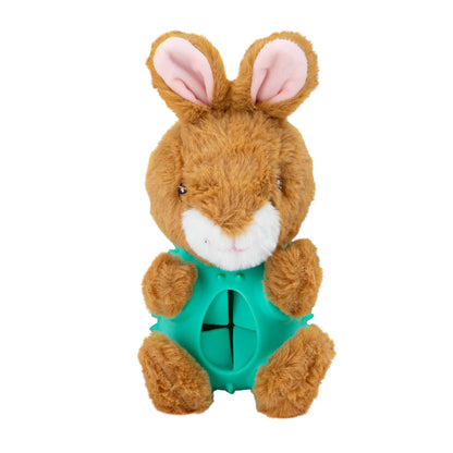 Plush rabbit toy with a teal wheel on a white background