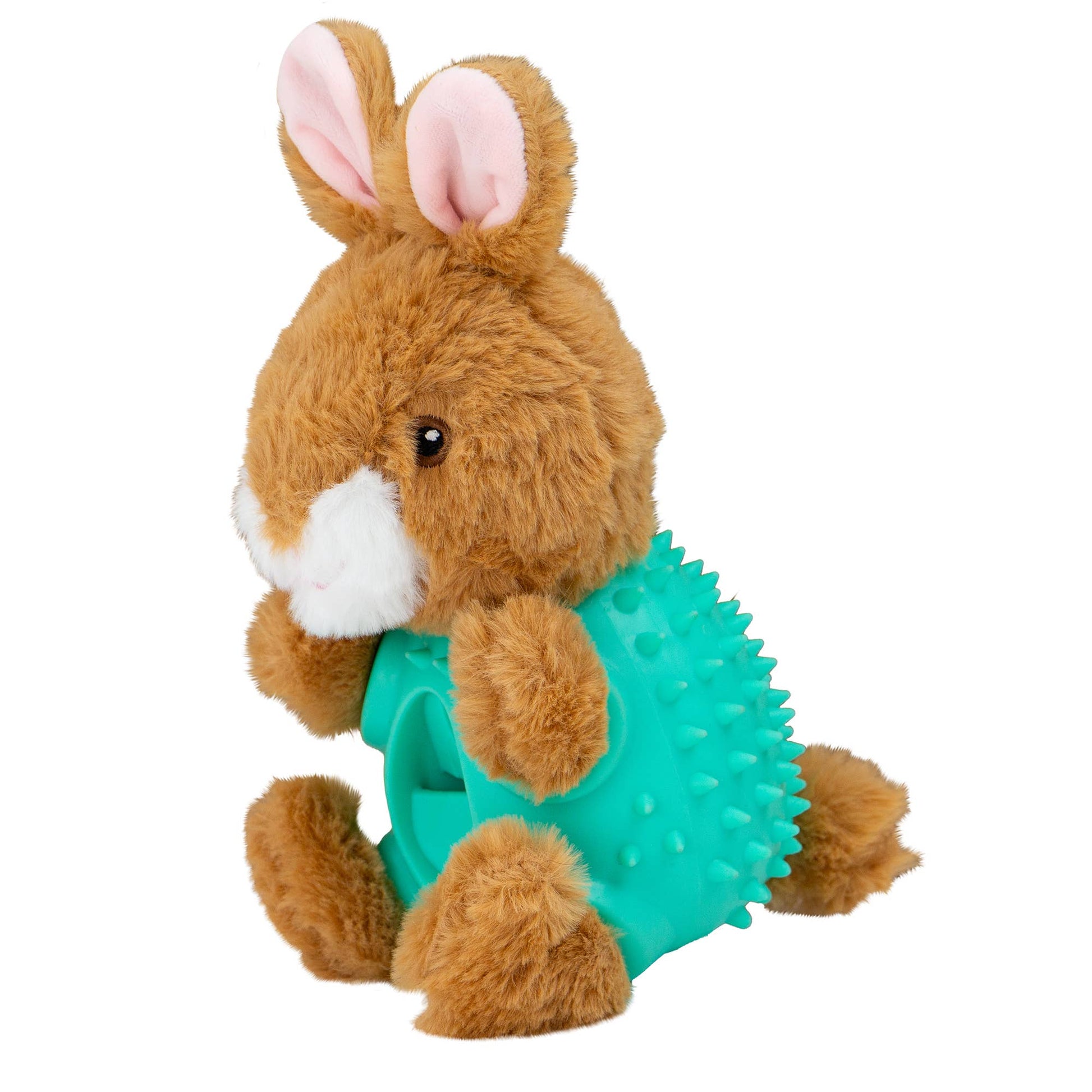 Plush rabbit toy with a teal textured ball on a white background