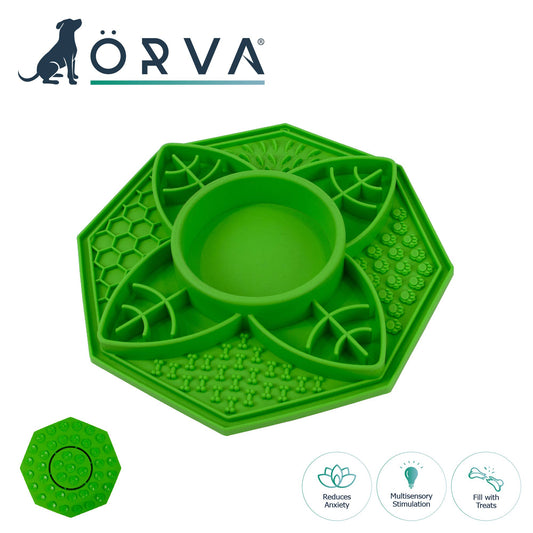 Green dog toy with a central bowl design on a white background, featuring the Orva brand.