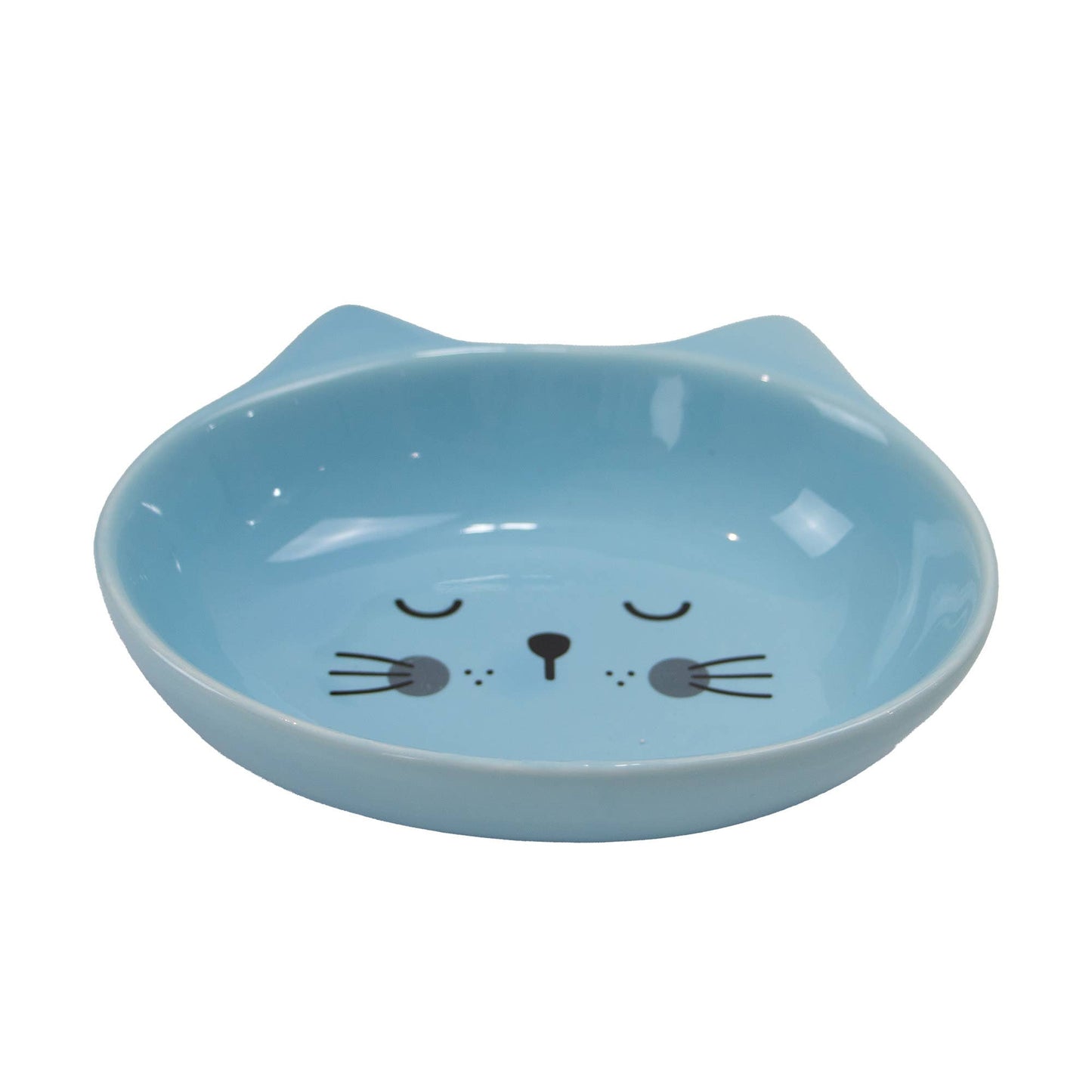 Blue ceramic cat bowl with a cute face design on a white background