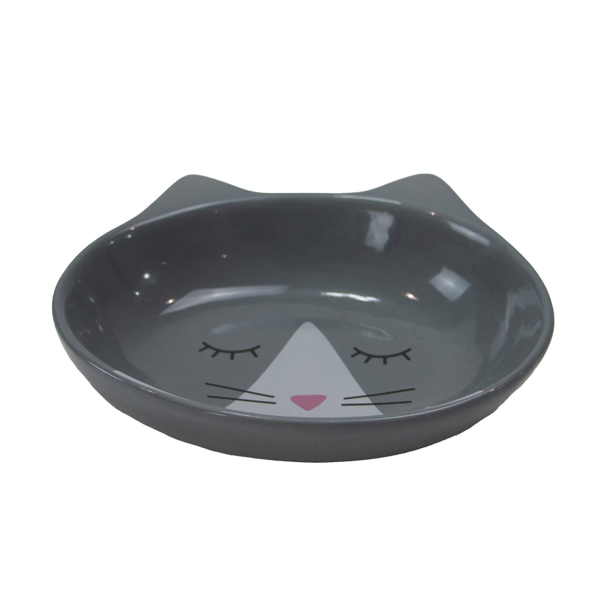 Grey ceramic bowl with cat face design on a white background