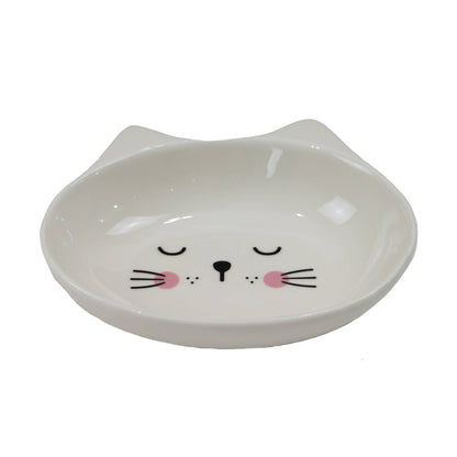 Ceramic bowl shaped like a cat's face on a white background