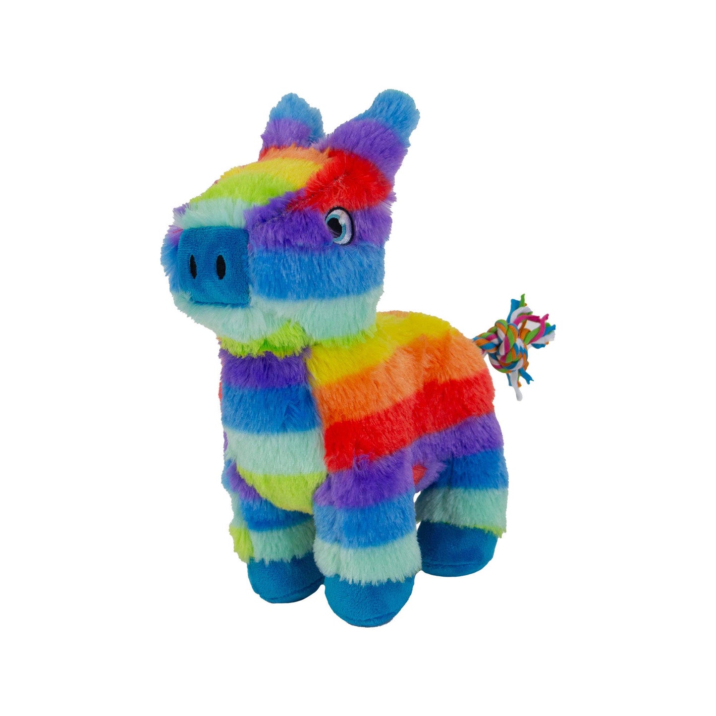 Colourful striped plush dog toy on a white background