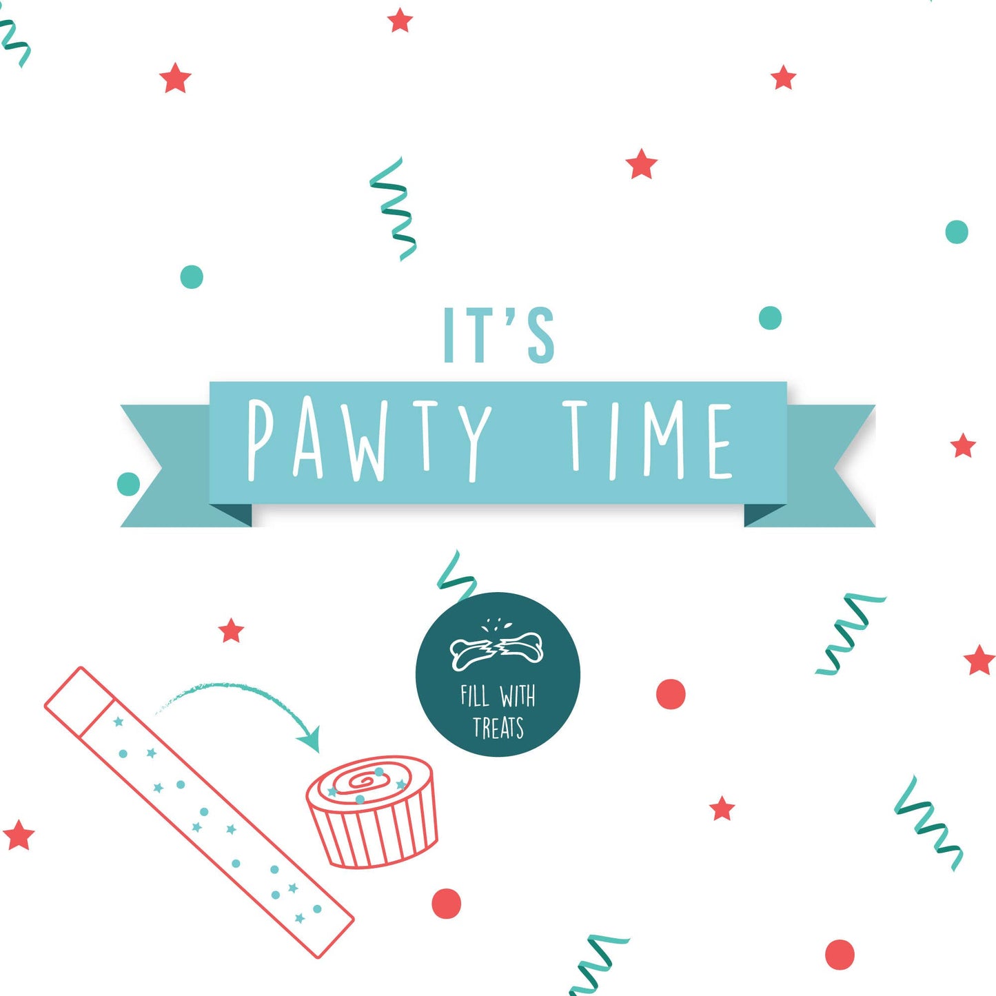 Decorative graphic with 'It's Pawty Time' text and party supplies on a white background.