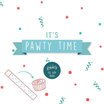 Decorative graphic with 'It's Pawty Time' text and party supplies on a white background.