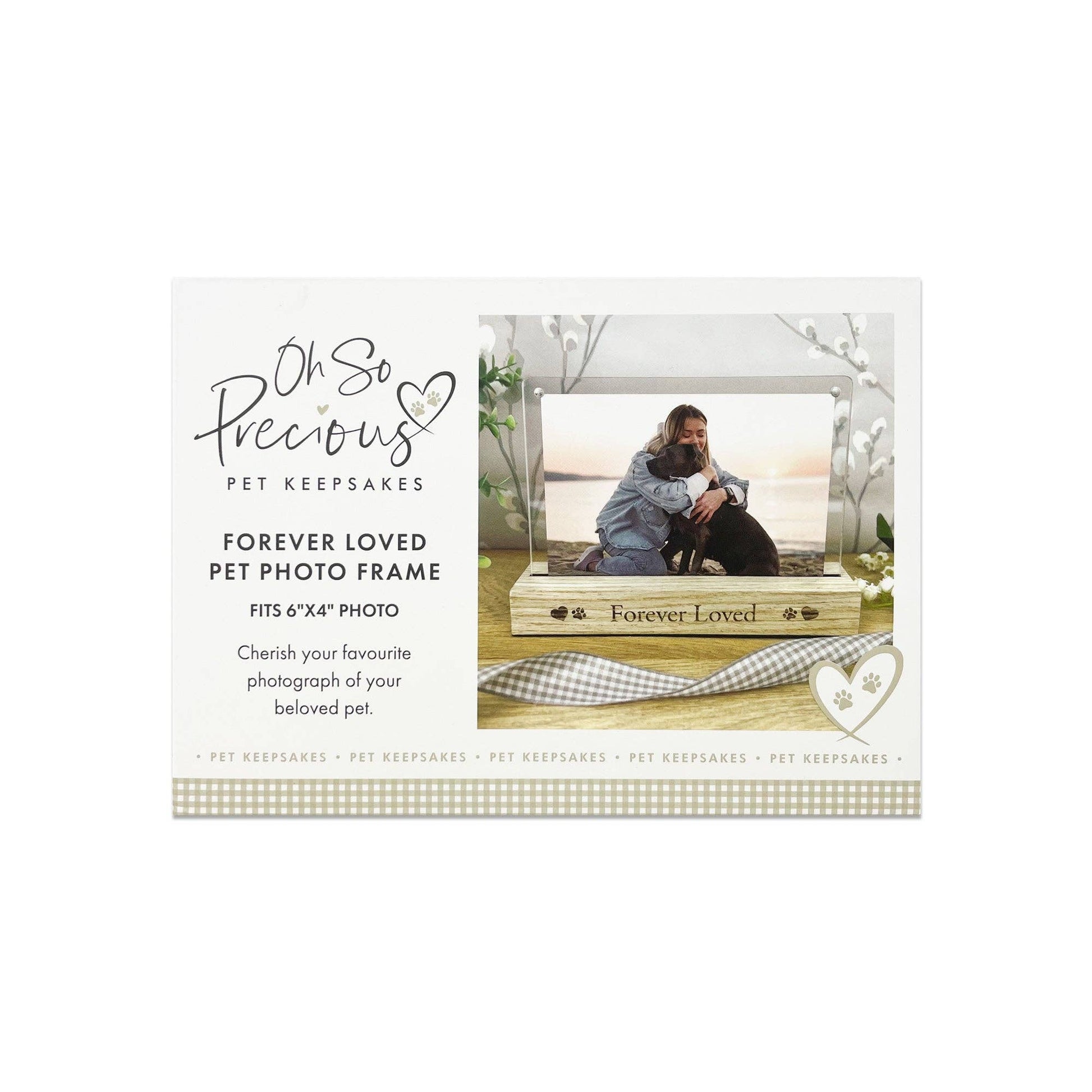 Pet photo frame with text 'Oh So Precious Pet Keepsakes' and 'Forever Loved' on a white background.