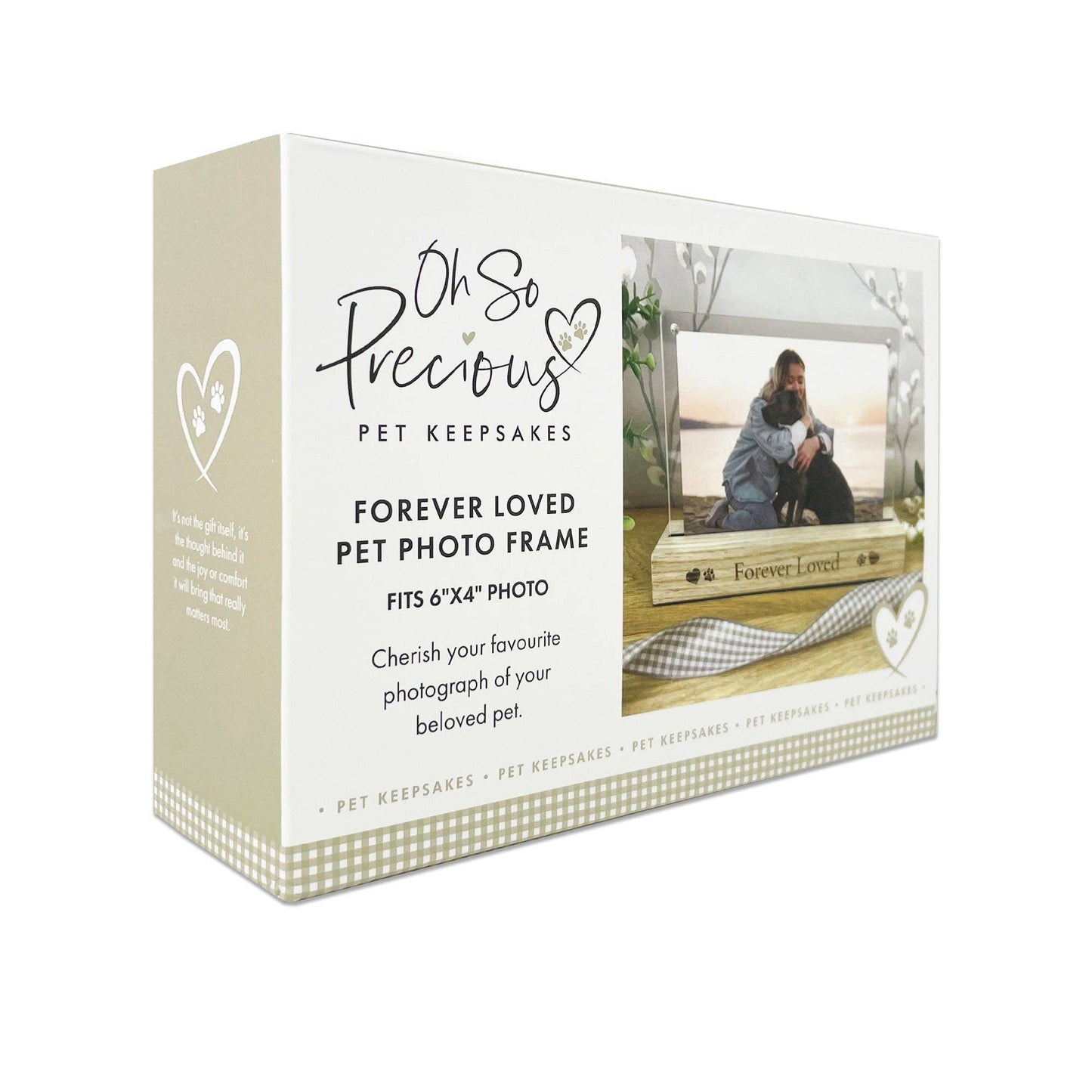 Pet photo frame packaging with text and a photo of a person and pet on a bench.