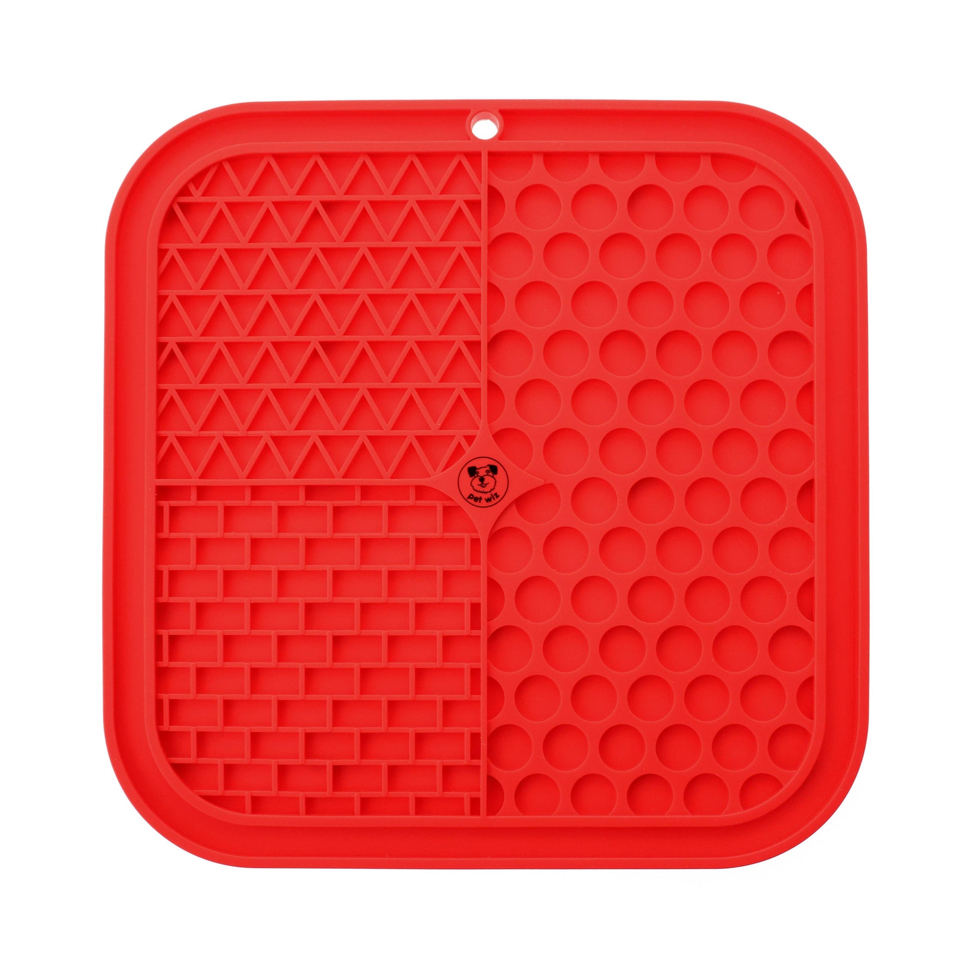 Red silicone pet licking mat on a white background