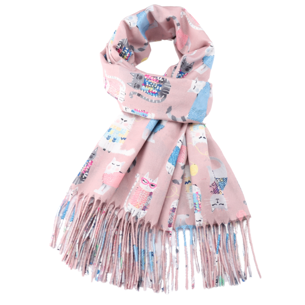 A scarf wrapped round in dusty pink with a cat design 