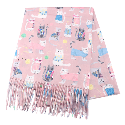 Dusty pink coloured scarf with a cat design pattern. 