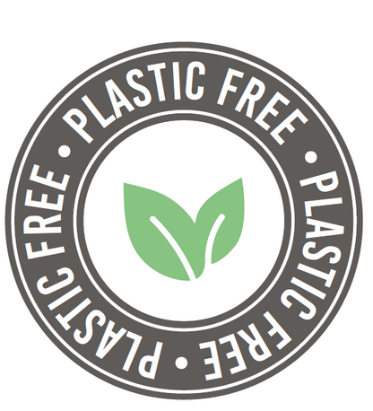 Circular logo with 'Plastic Free' text and a green leaf symbol on a white background