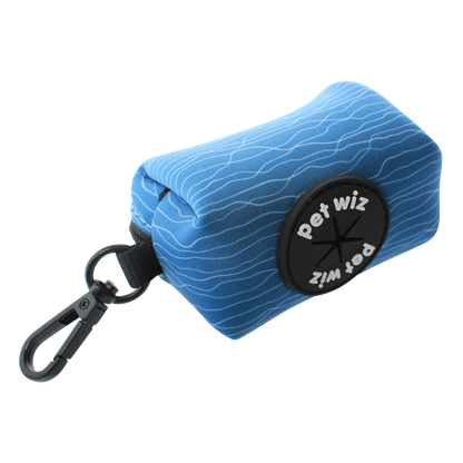 Blue dog poo bag holder with 'Pet Wiz' branding on a white background