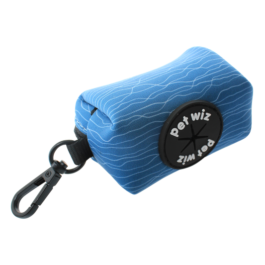 Blue dog poo bag holder with 'Pet Wiz' branding on a white background