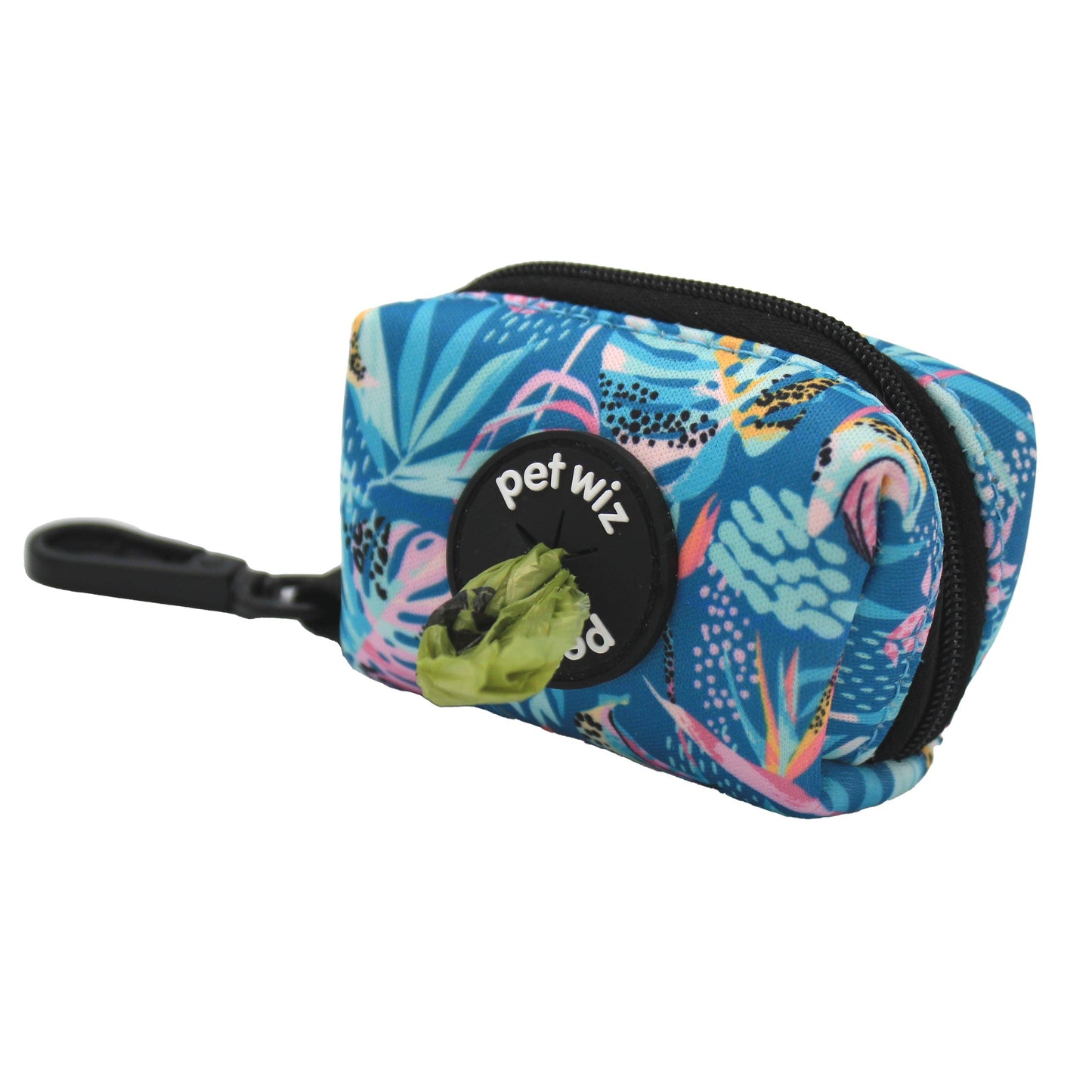 Pet waste bag dispenser with colorful tropical pattern on a white background